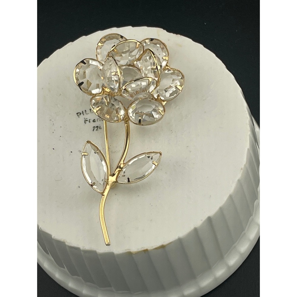 Vintage 1950s Clear Rhinestone Flower Brooch Open Back Gold Tone floral pin